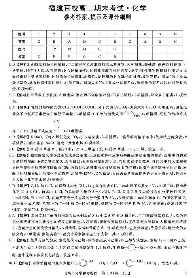 福建百校2024-2025学年高二下学期期末联考化学答案第1页