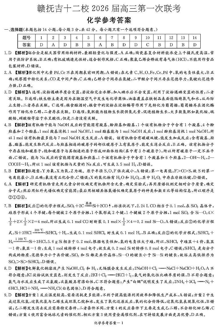 江西赣州市,吉安市,抚州市十二校2026届高三上学期第一次联考化学答案第1页