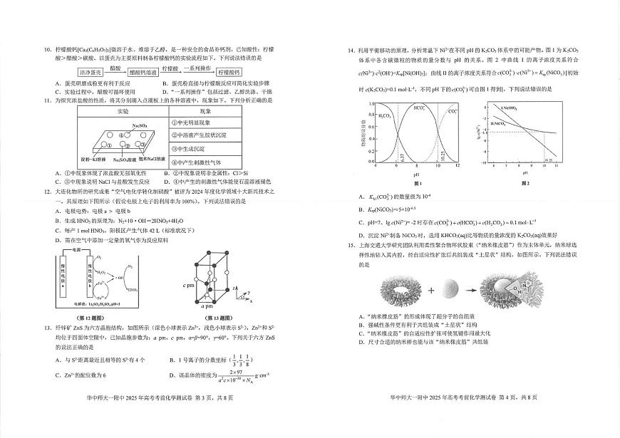 华中师大一附中2025届高三下学期高考学科核心素养卷化学试题第2页
