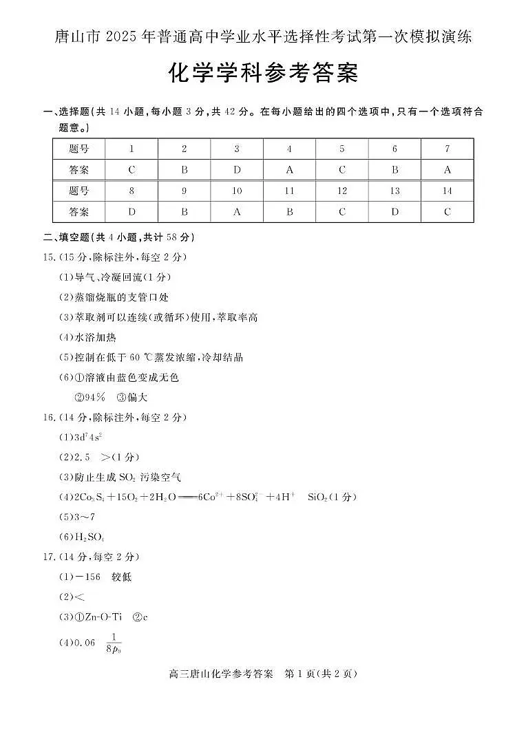唐山市2025年普通高中学业水平选择性考试第一次模拟演练化学 唐山高三一模化学答案第1页