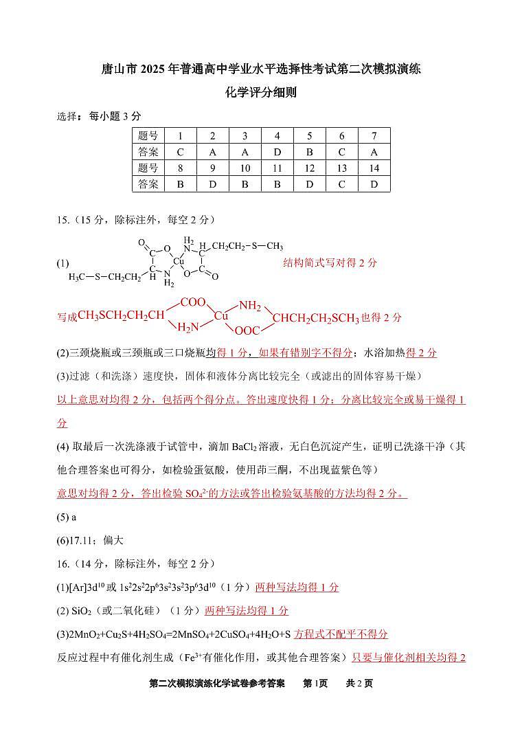 2025届唐山二模化学答案第1页