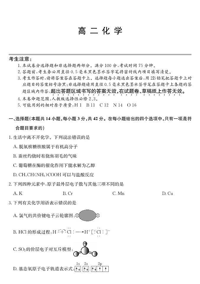 青海省西宁市大通县2024-2025学年高二下学期期末考试化学试题（PDF版附解析）第1页