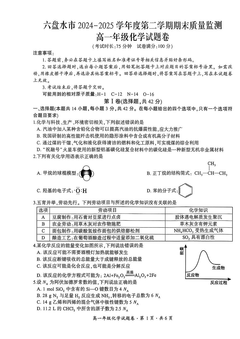 贵州省六盘水市2024-2025学年高一下学期期末测试化学试卷第1页