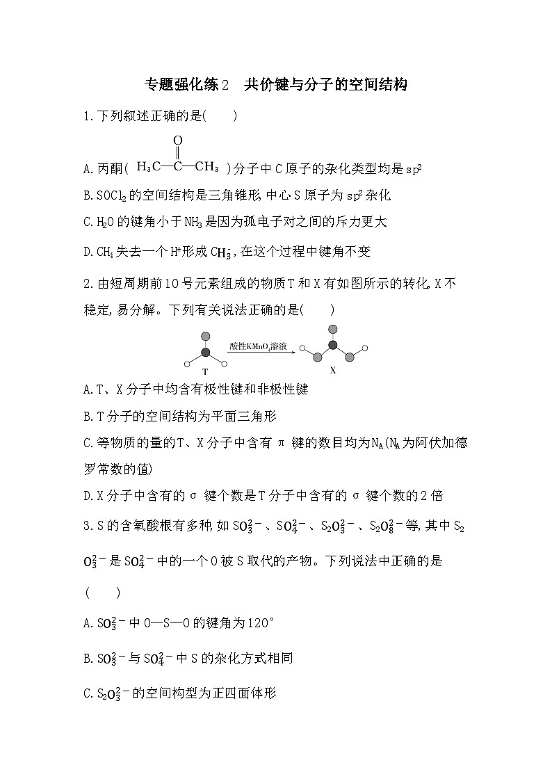第二章专题强化练2 共价键与分子的空间结构（含答案解析）-鲁科版高中化学高二上册（选必二）第1页