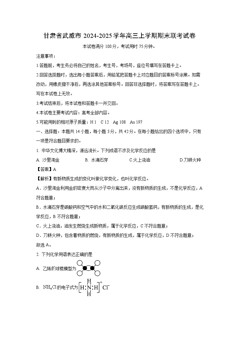 甘肃省武威市2024-2025学年高三上学期期末联考化学试卷（解析版）第1页