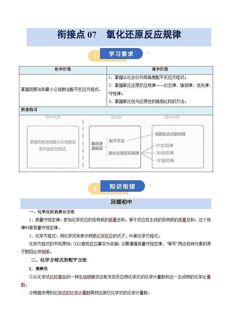 【初高衔接】衔接点07  氧化还原反应规律（教师版）-2025年初升高化学暑假衔接讲练 (通用版)第1页