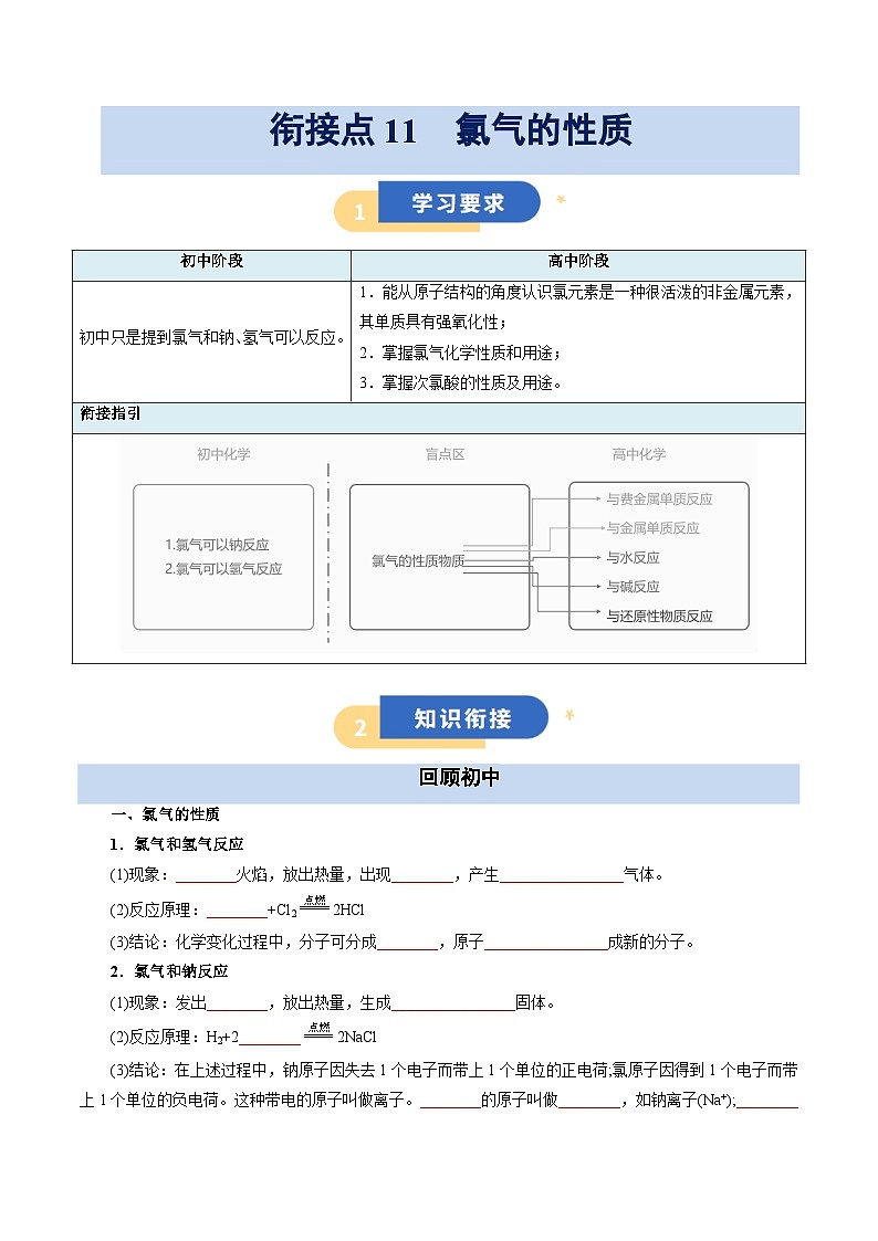 【初高衔接】衔接点11 氯气的性质（学生版）-2025年初升高化学暑假衔接讲练 (通用版)第1页
