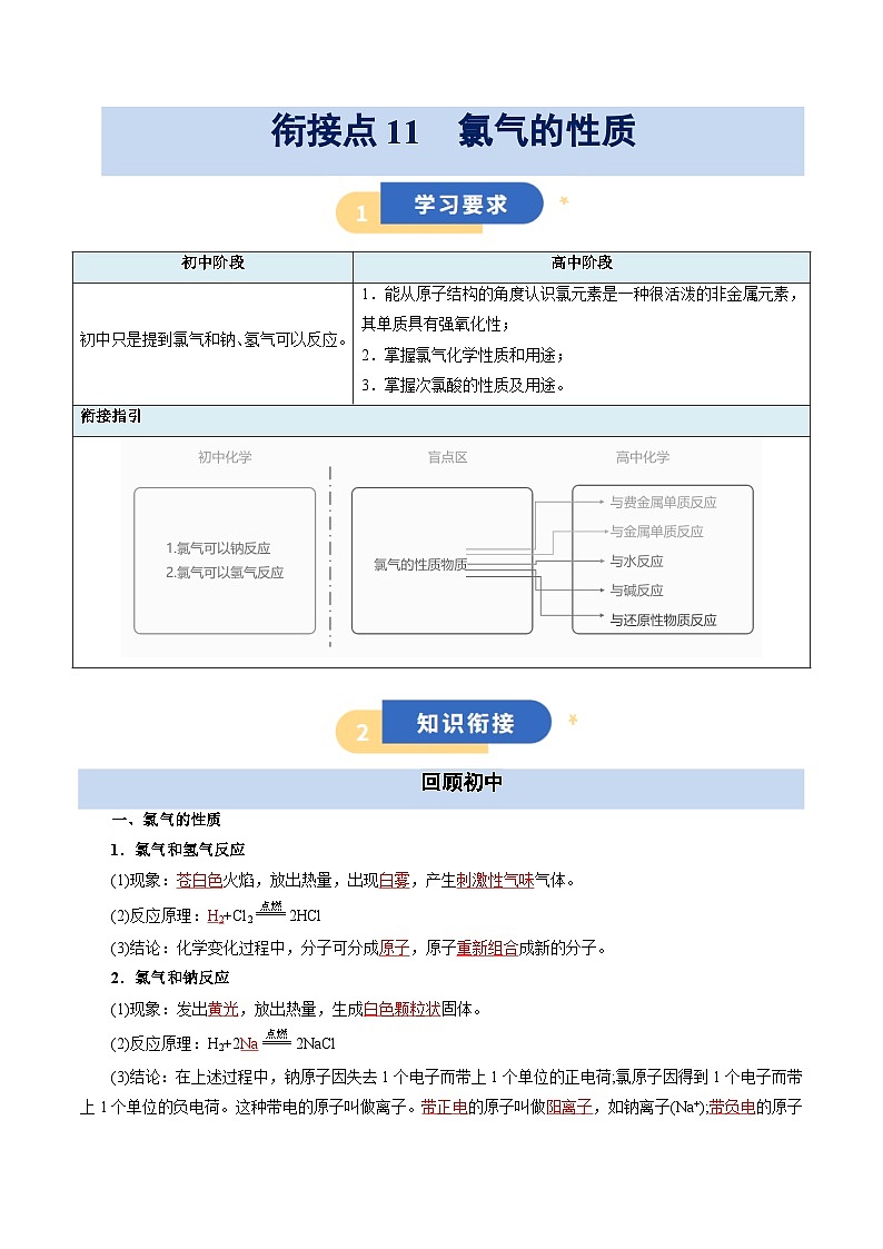 【初高衔接】衔接点11 氯气的性质（教师版）-2025年初升高化学暑假衔接讲练 (通用版)第1页