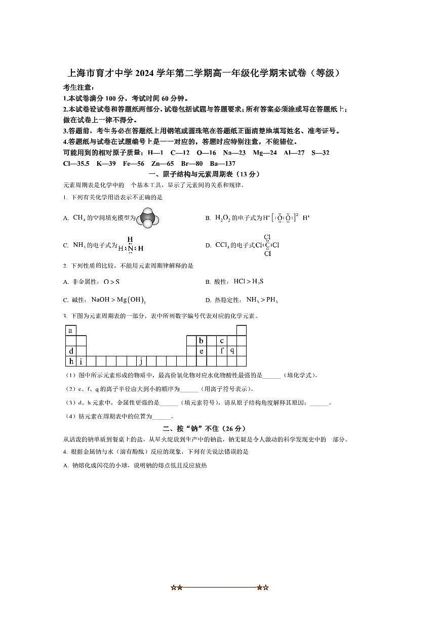 2024～2025学年海市育才中学高一下上期末考试化学试卷(含答案)第1页