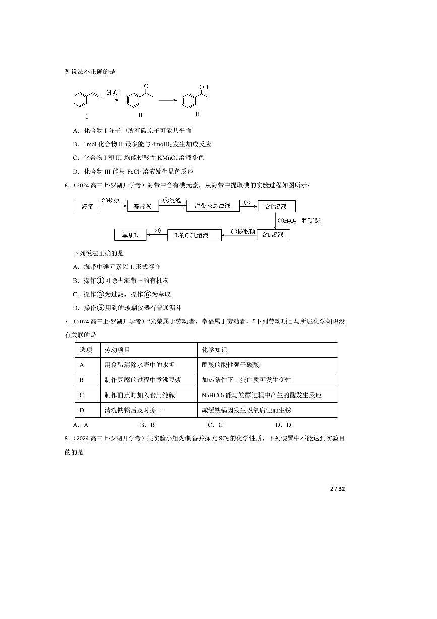 2024～2025学年广东省罗湖区高三上9月考化学试卷第2页