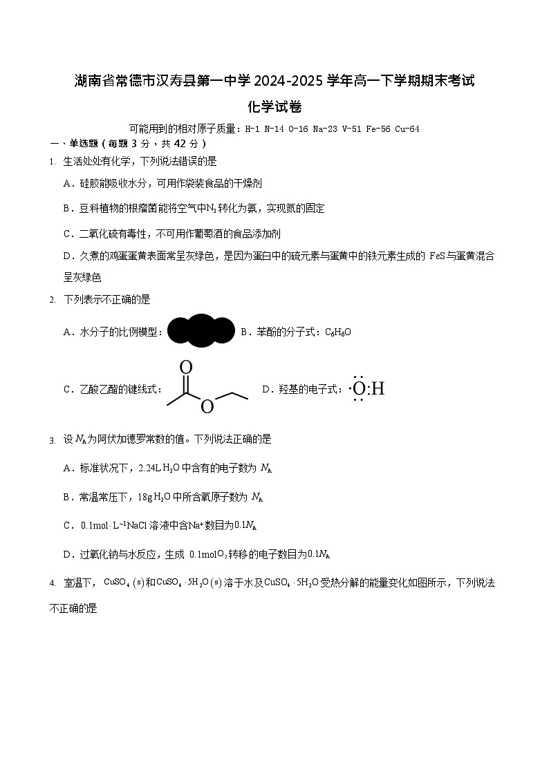 湖南省常德市汉寿县第一中学2024-2025学年高一下学期7月期末考试化学试卷第1页
