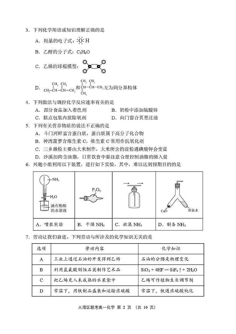 广东省大湾区2024-2025学年高一下学期期末化学试卷（含答案）第2页
