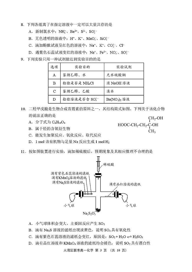 广东省大湾区2024-2025学年高一下学期期末化学试卷（含答案）第3页