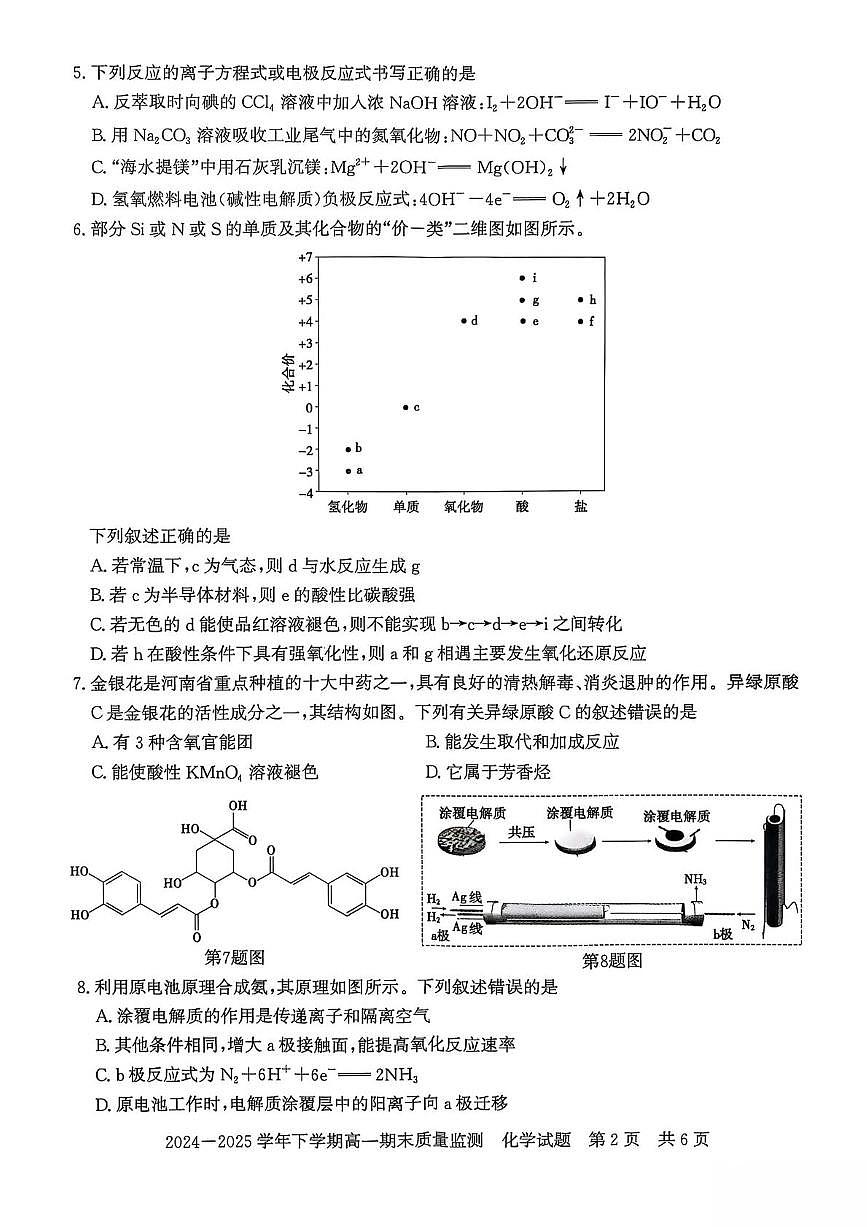 河南省信阳市普通高中2024-2025学年高一下学期期末考试化学试题（PDF版附解析）第2页