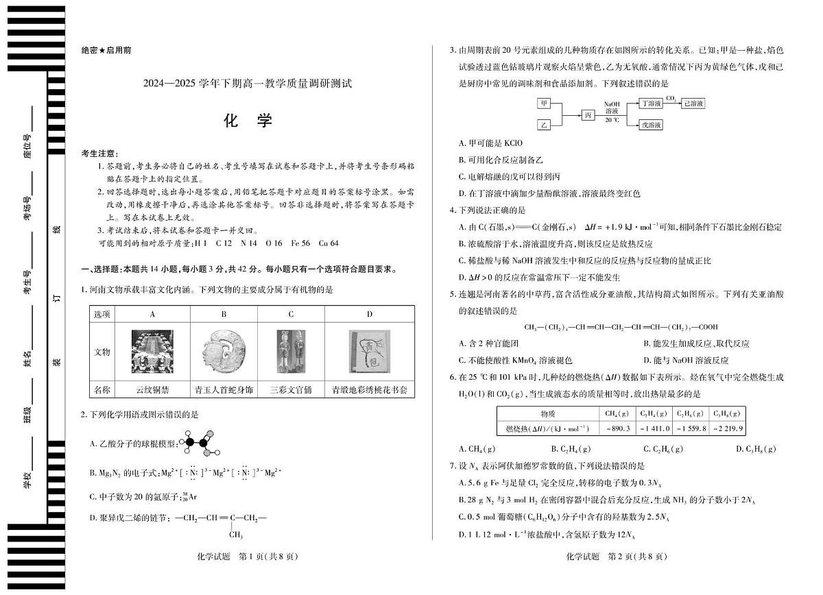 河南省鹤壁市2024-2025学年高一下学期期末考试化学试卷（PDF版附解析）第1页