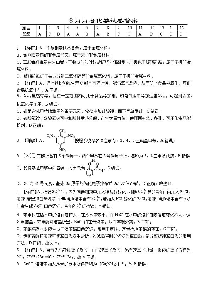 8月月考化学试卷答案第1页