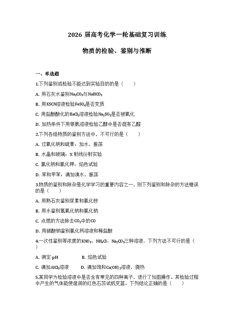 2026届高考化学一轮基础复习训练10 物质的检验、鉴别与推断第1页