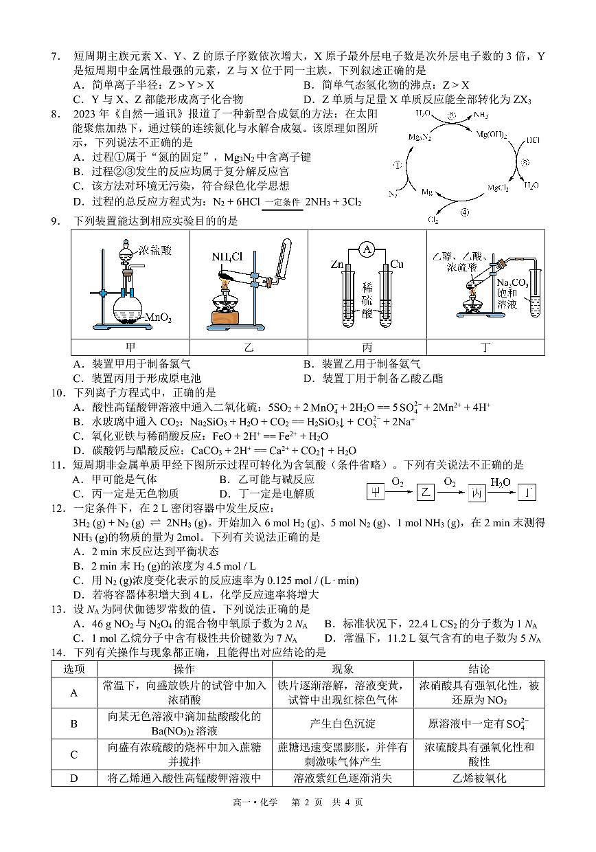 泸州市高2024级高一学年末统一考试化学试题（试卷 PDF版）第2页