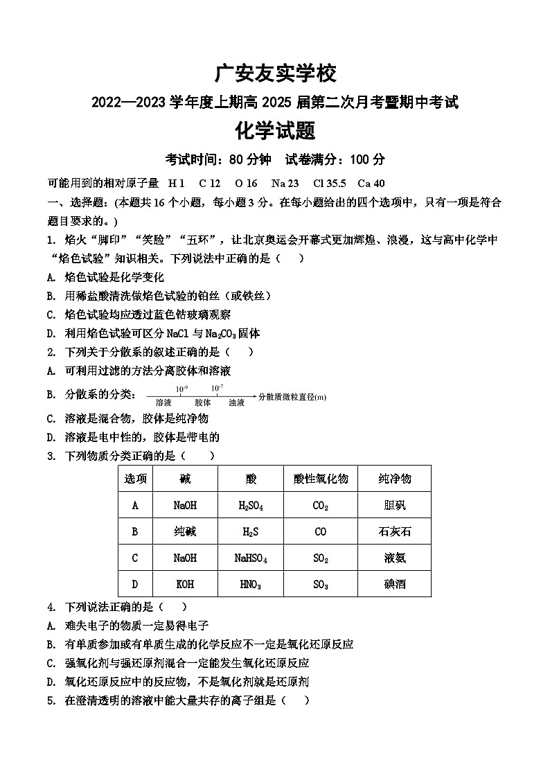 四川省广安友实学校2022-2023学年高一上学期期中考试化学试卷第1页