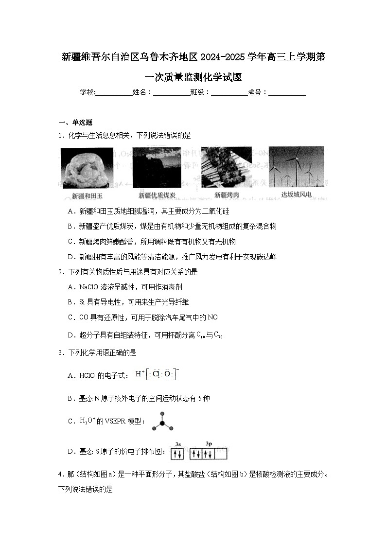 2024-2025学年新疆维吾尔自治区乌鲁木齐地区高三上学期第一次质量监测化学试题（无答案）第1页