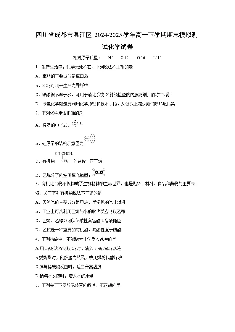 四川省成都市温江区2024-2025学年高一下学期期末模拟测试化学试题 有答案第1页