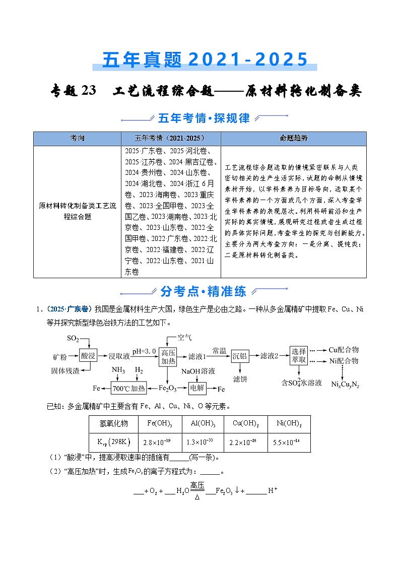 备战2026年高考精品试题汇编 化学 专题23 化学工艺流程综合题——原材料转化制备类（原卷版）第1页