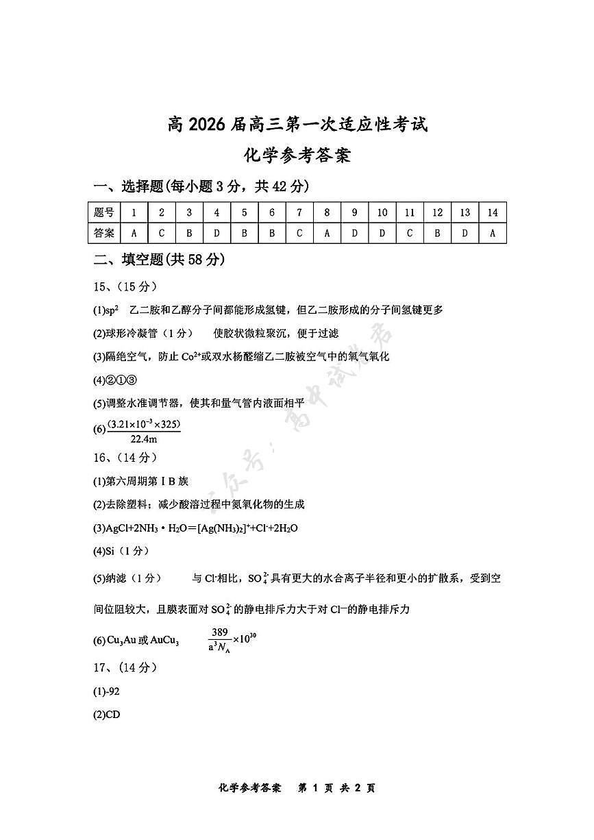 高2026届高三第一次适应性考试化学答案第1页