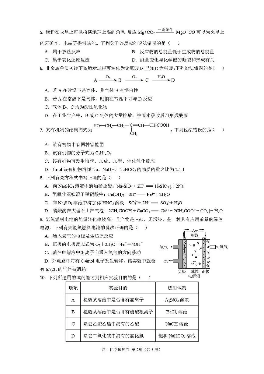 绵阳南山中学实验学校2024-2025学年高一下学期期末模拟测试化学试卷第2页