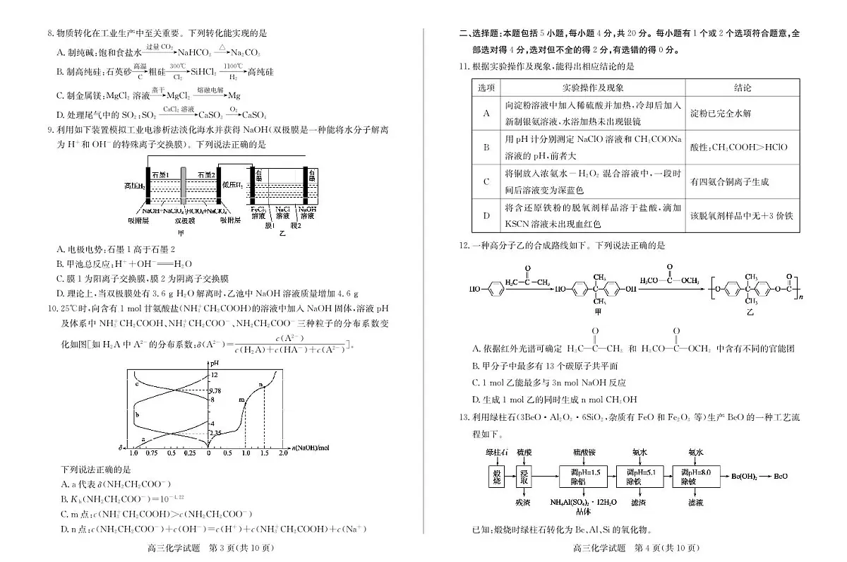 山东省滨州市2024-2025学年高三上学期1月期末考试化学试卷+答案第2页