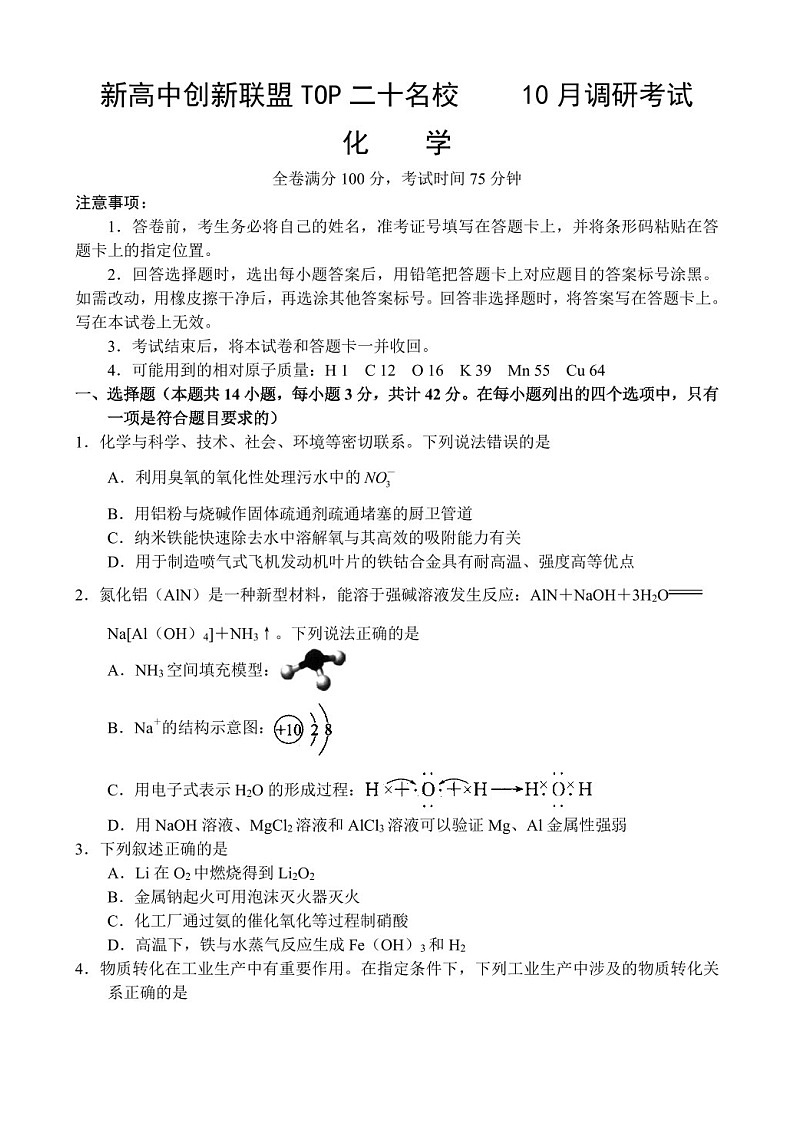 2025届河南省创新联盟TOP二十名校高三下学期10月调研-化学试题（含答案）第1页