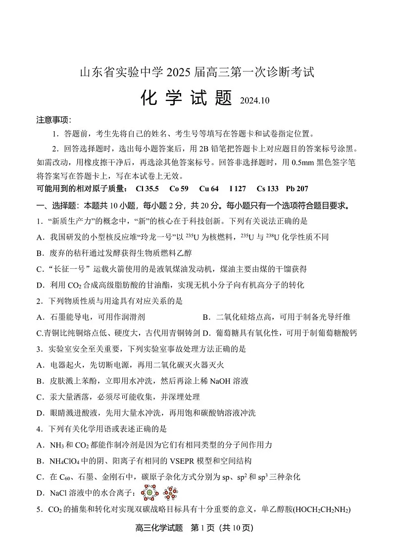 2025届山东省实验中学高三下学期10月第一次诊断-化学试题（含答案）第1页