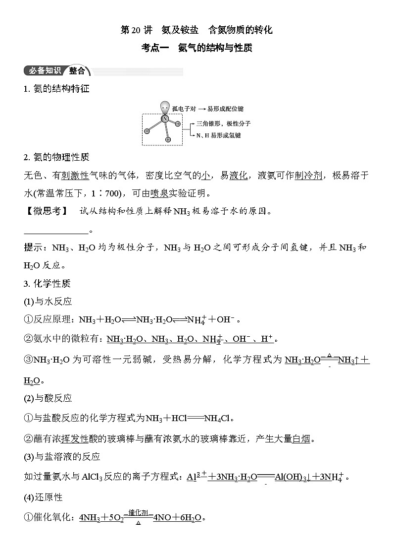 第20讲　氨及铵盐　含氮物质的转化 （含答案 ） 2026届高三化学一轮总复习 教案第1页