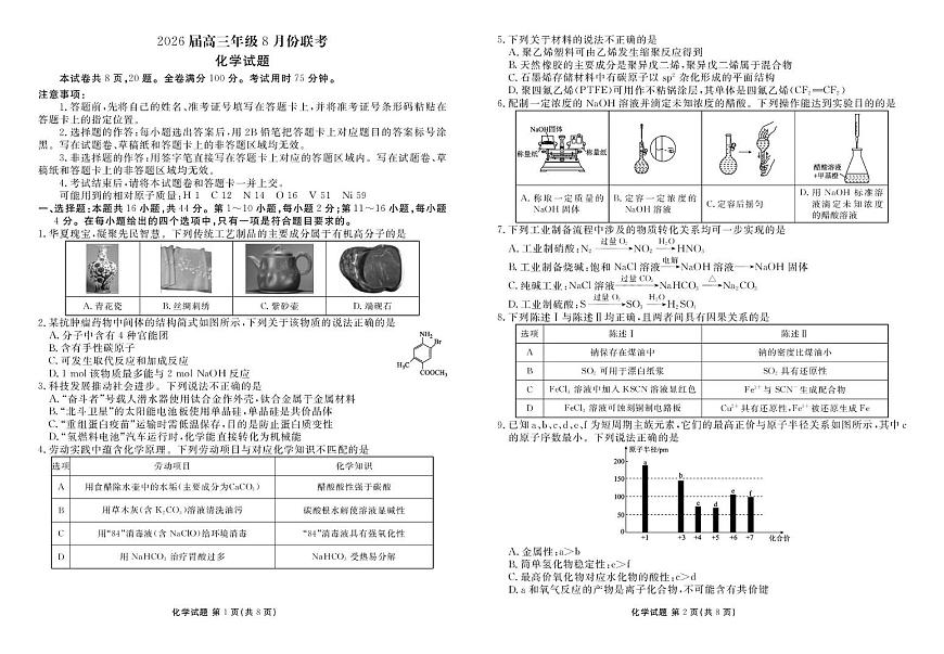 广东衡水金卷2026届高三上学期8月联考模拟预测化学试题第1页