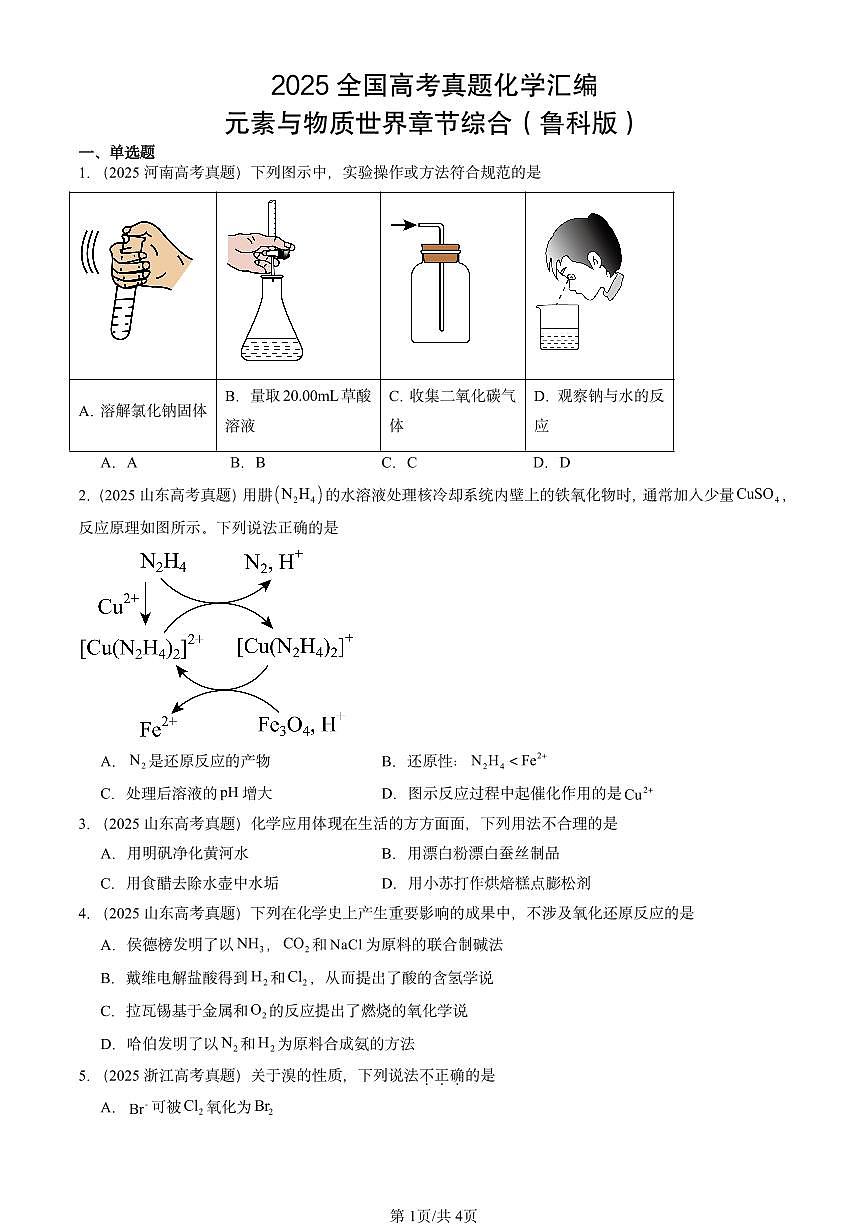 2025全国高考真题化学汇编：元素与物质世界章节综合（鲁科版） 有答案解析第1页