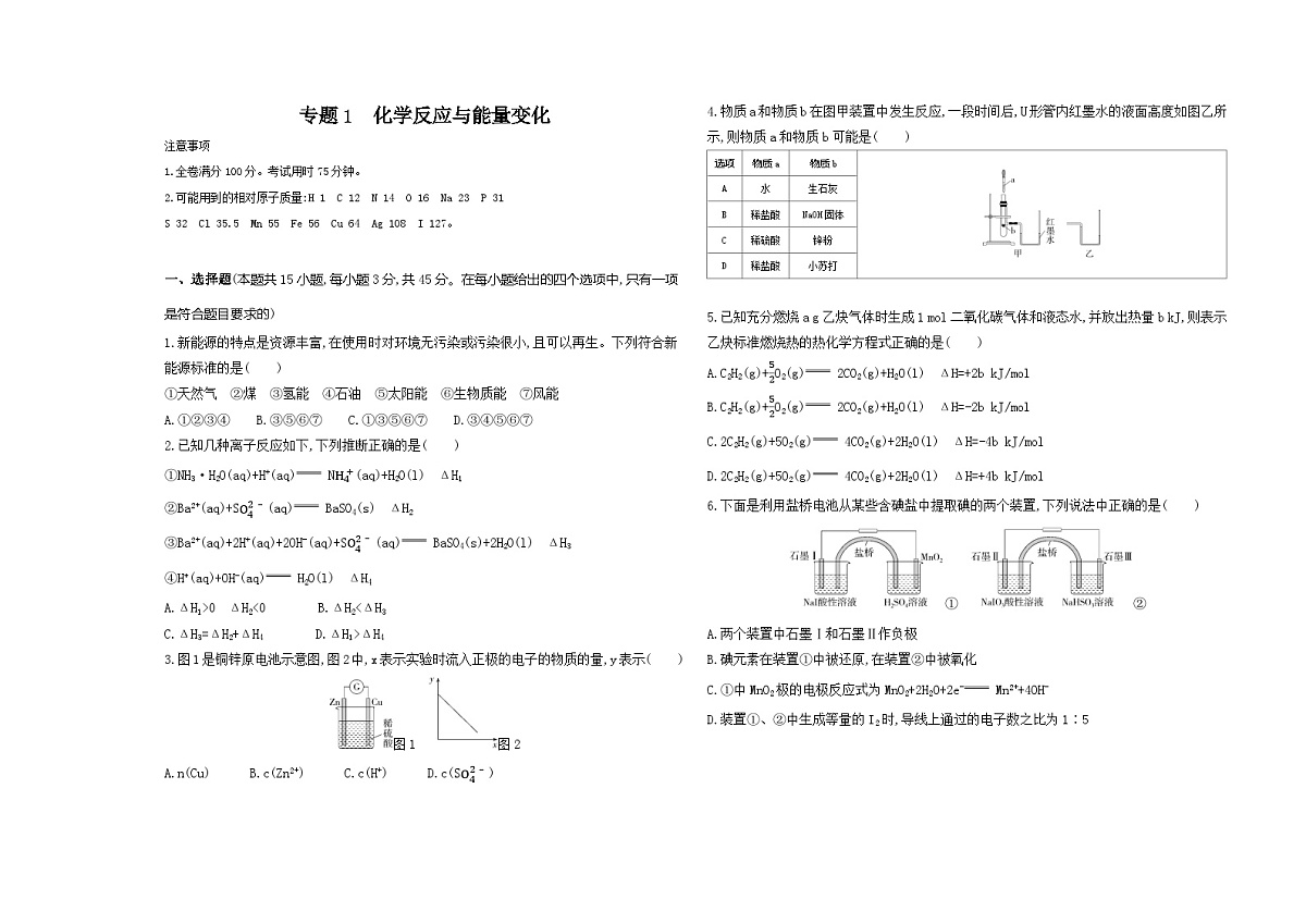 专题1　化学反应与能量变化  测评卷（含解析）26版高中同步新教材化学苏教版（2019）选必修1第1页