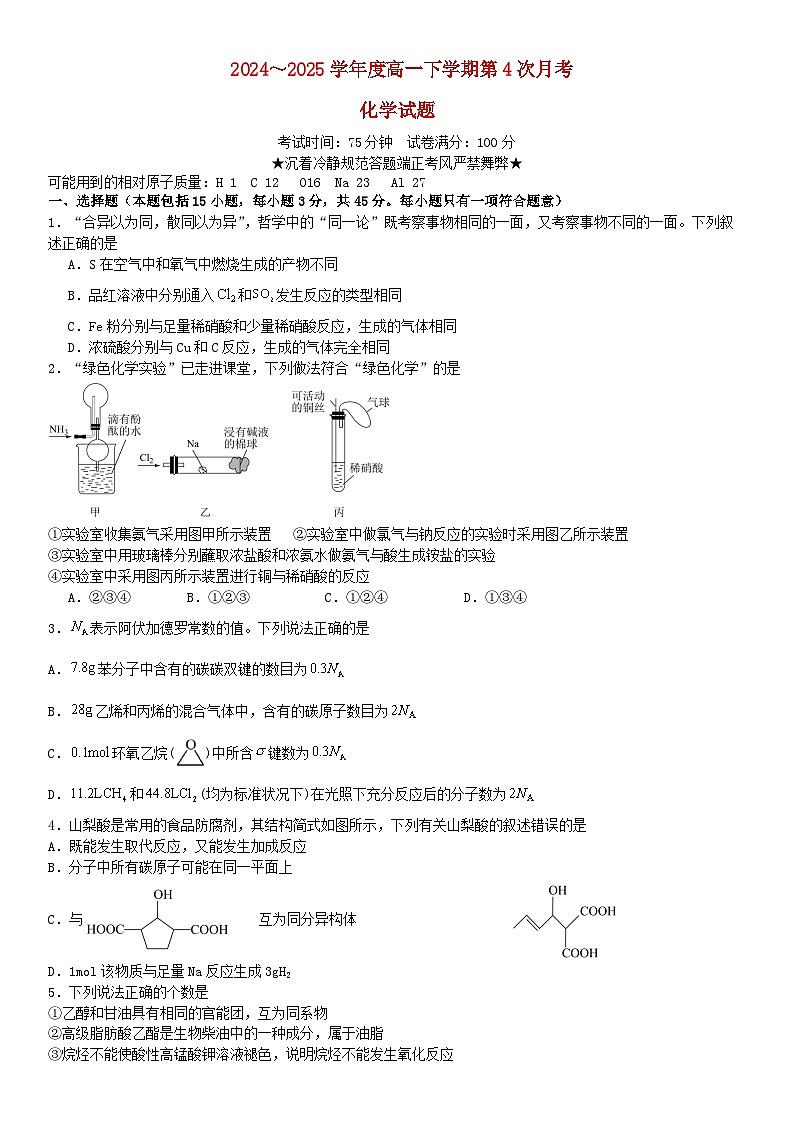 湖北省武汉市2024_2025学年高一化学下学期6月第4次月考试卷第1页