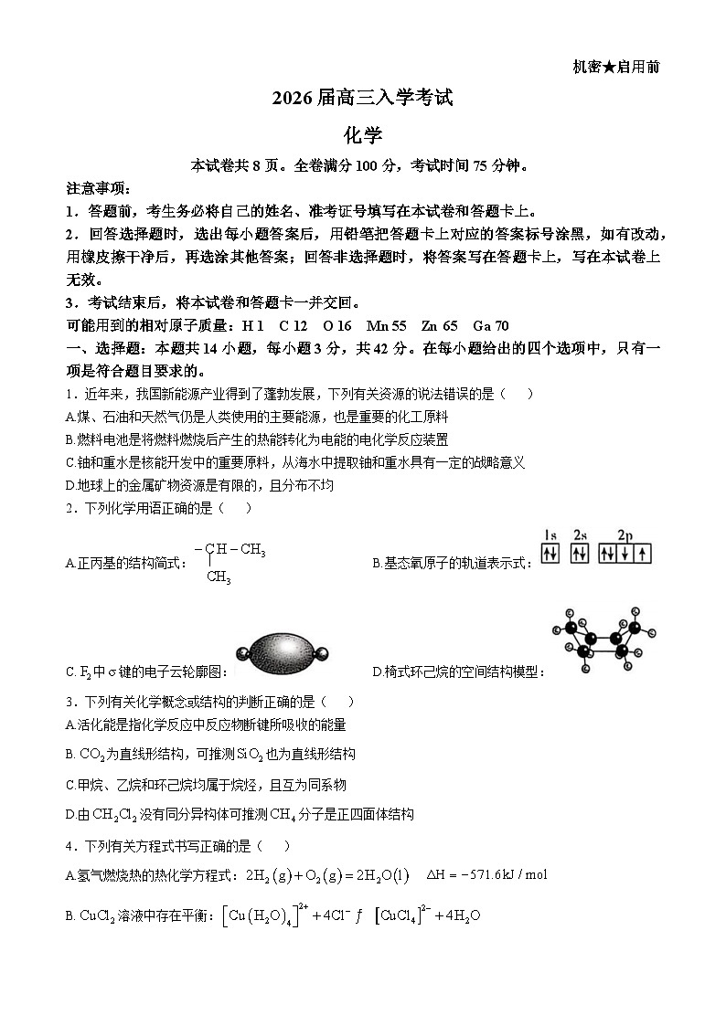湖南省多校联考2026届高三上学期入学考试  化学试题第1页