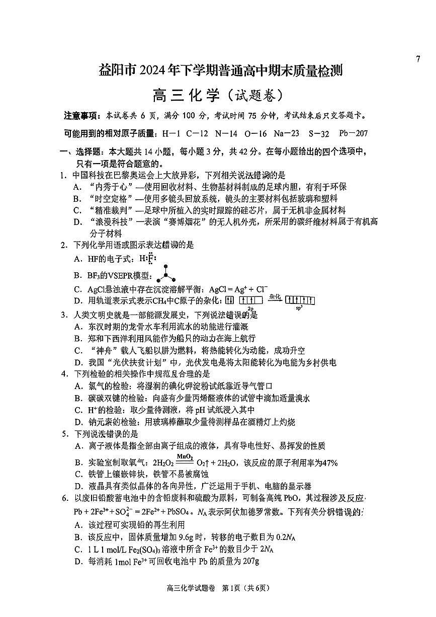 湖南益阳市2024-2025学年高三上学期期末考试化学试卷(1)第1页
