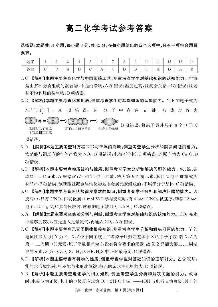 广西部分学校2026届高三8月开学联考 化学答案第1页