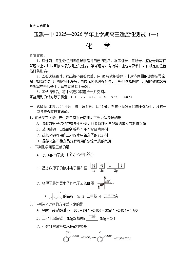 云南省玉溪第一中学2025-2026学年高三上学期适应性测试（一）化学试卷（含答案）第1页