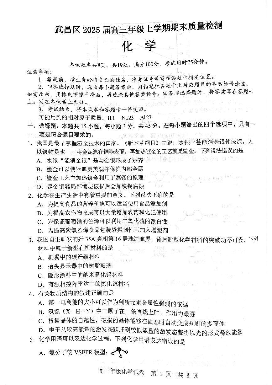 湖北省武汉市武昌区2025届高三年级上学期期末质量检测化学试卷第1页