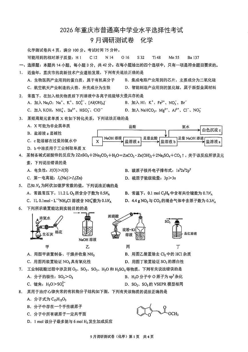 重庆市2026届高三上学期9月调研测试化学试卷（PDF版附解析）第1页
