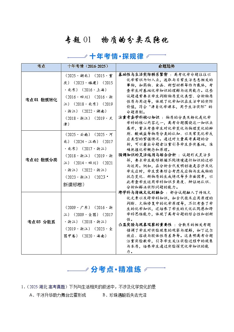 专题01  物质的分类及转化（教师版）第1页
