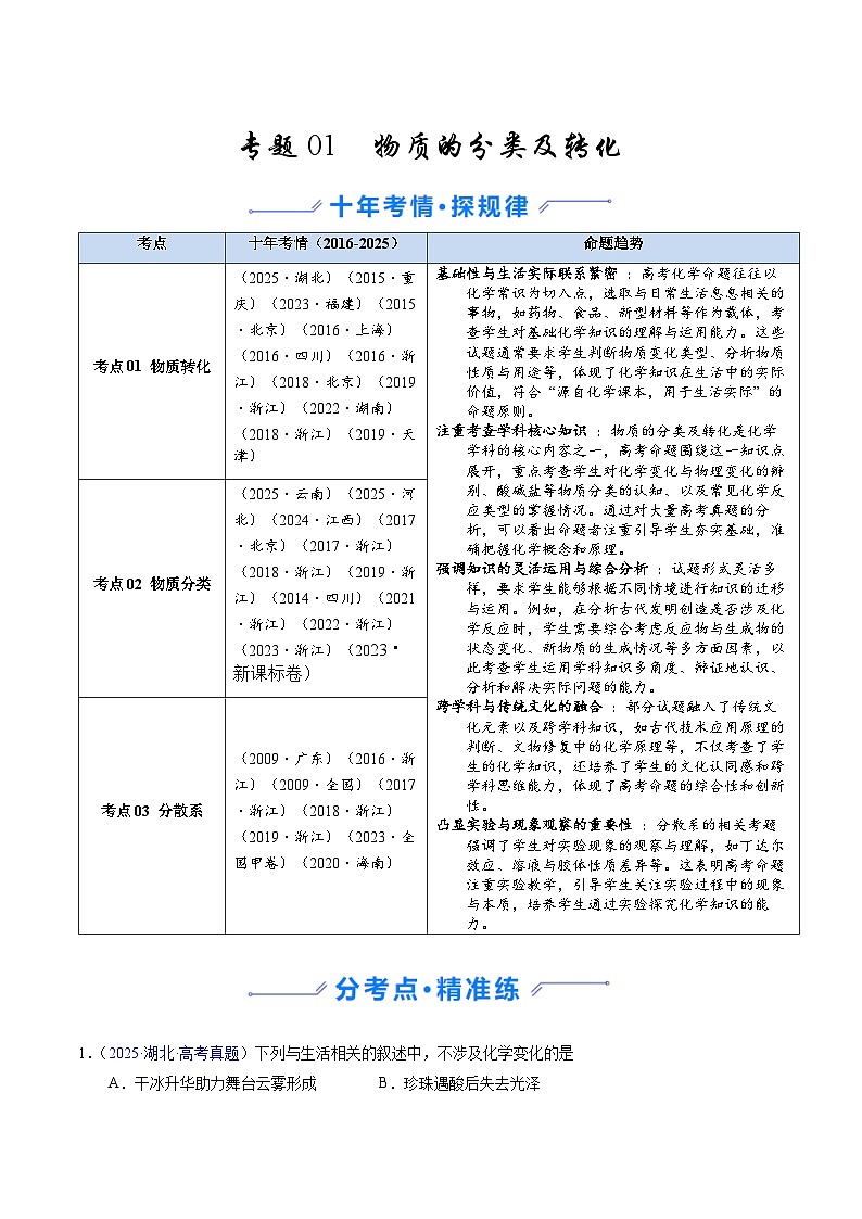 专题01  物质的分类及转化（学生版）第1页