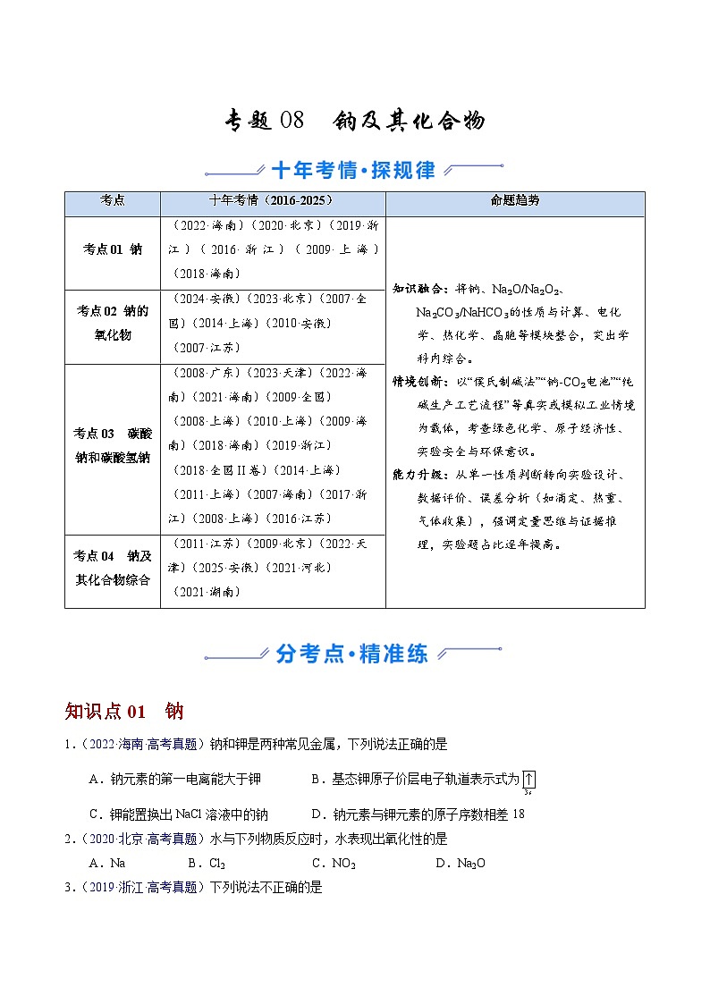 专题08 钠及其化合物（原卷版）第1页