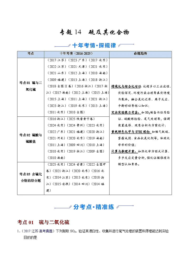 专题14 硫及其化合物（原卷版）第1页