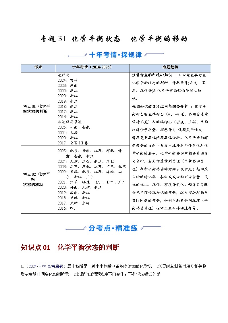 专题31 化学平衡状态 化学平衡的移动（原卷版）第1页