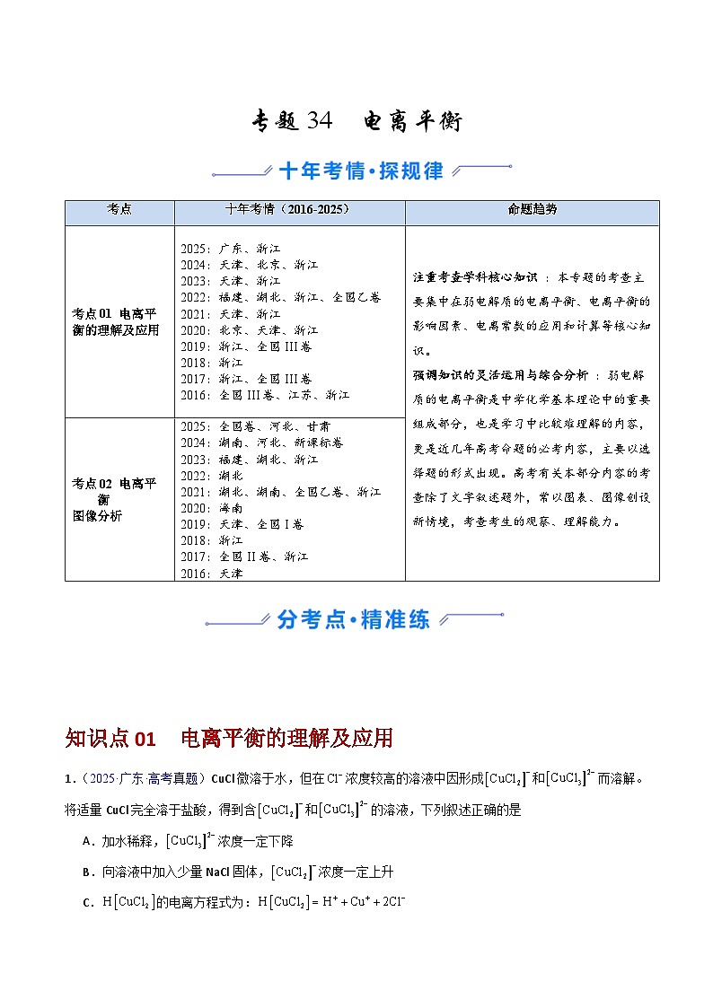专题34 电离平衡（原卷版）第1页