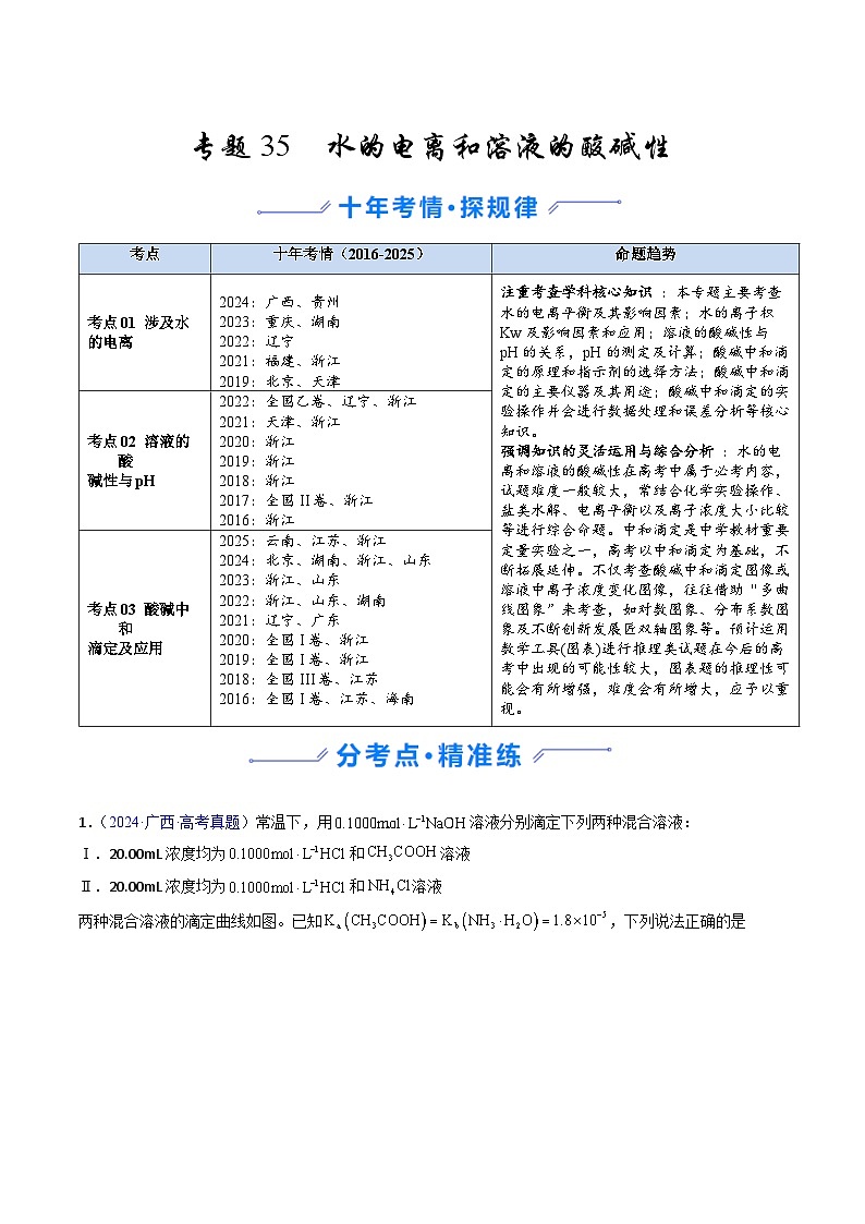 专题35 水的电离和溶液的酸碱性（原卷版）第1页