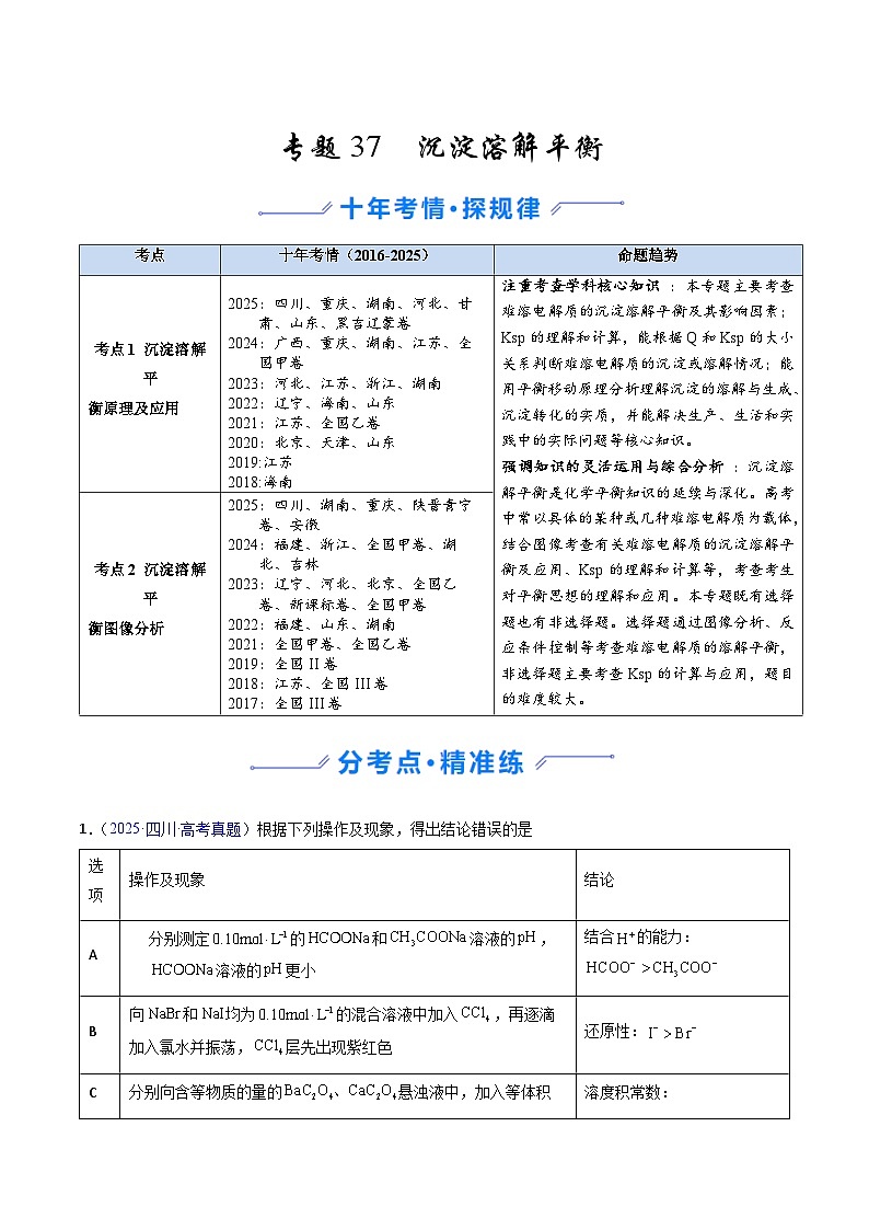 专题37 沉淀溶解平衡（原卷版）第1页